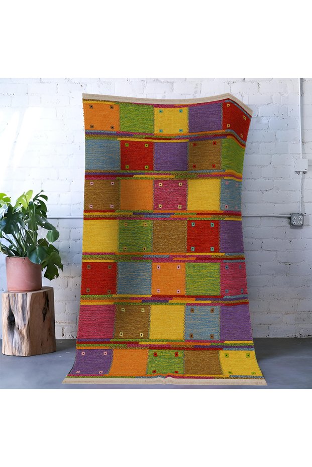 Mira Multicolored Geometric Square Patterned Modern Decorative Carpet Mira 1582