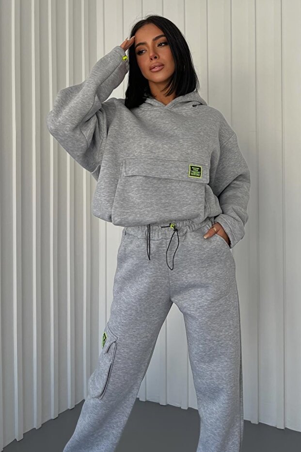 Thick Three Thread Fabric Long Sleeve Gray Tracksuit with Kangaroo Pocket and Side Cargo Pocket Detail 350