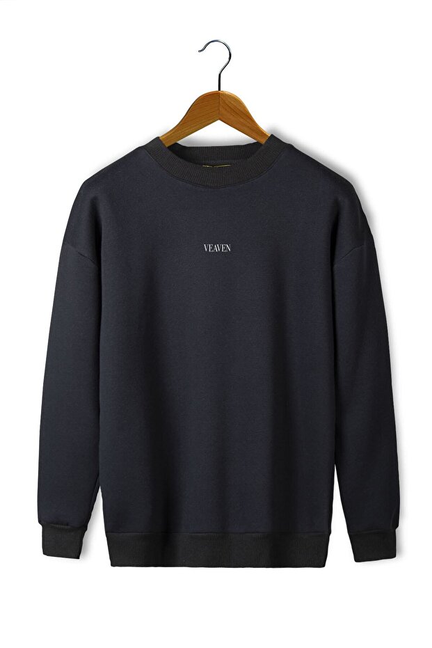 Unisex Black Front Veaven Printed Oversize Thick Two Thread Ribbed Crew Neck Sweatshirt