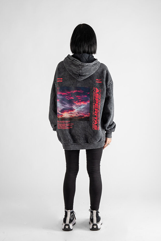 Washed Asperitas Back Printed Oversize Unisex Smoked Hoodie