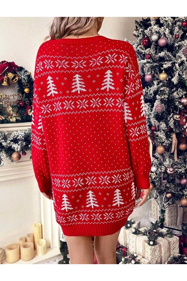 Yılbaşı Desenli Mini Elbise Triko - 5