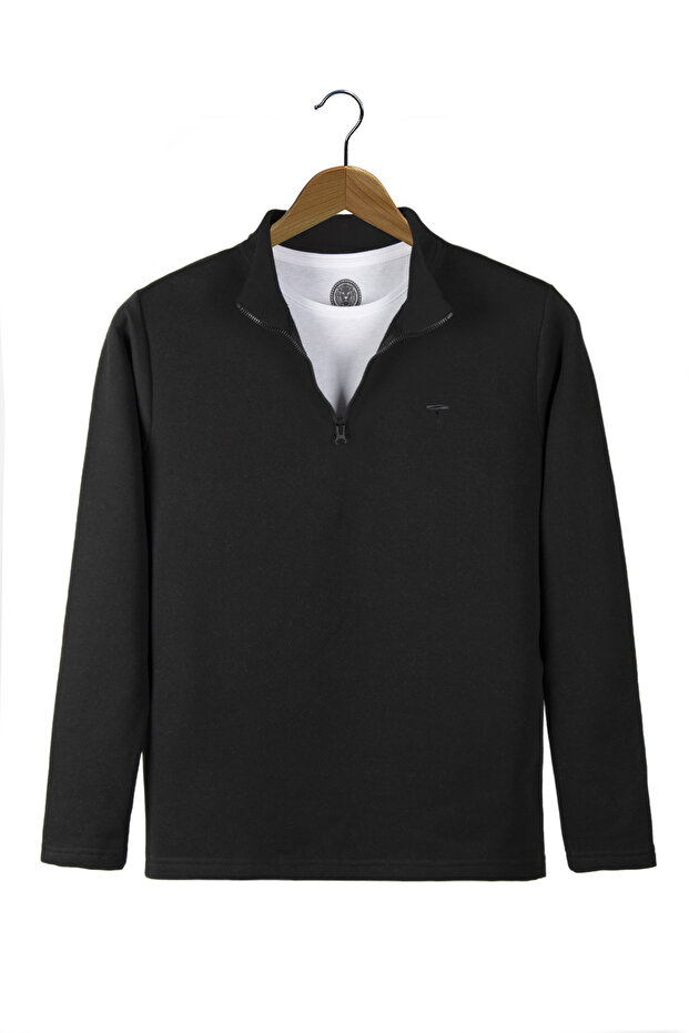 Men's Black Half Zipper Basic Solid Color Trend Sweatshirt - 1