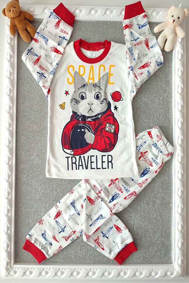 Unisex Red Space Astronaut Patterned 2-Piece Children's Pajamas Set