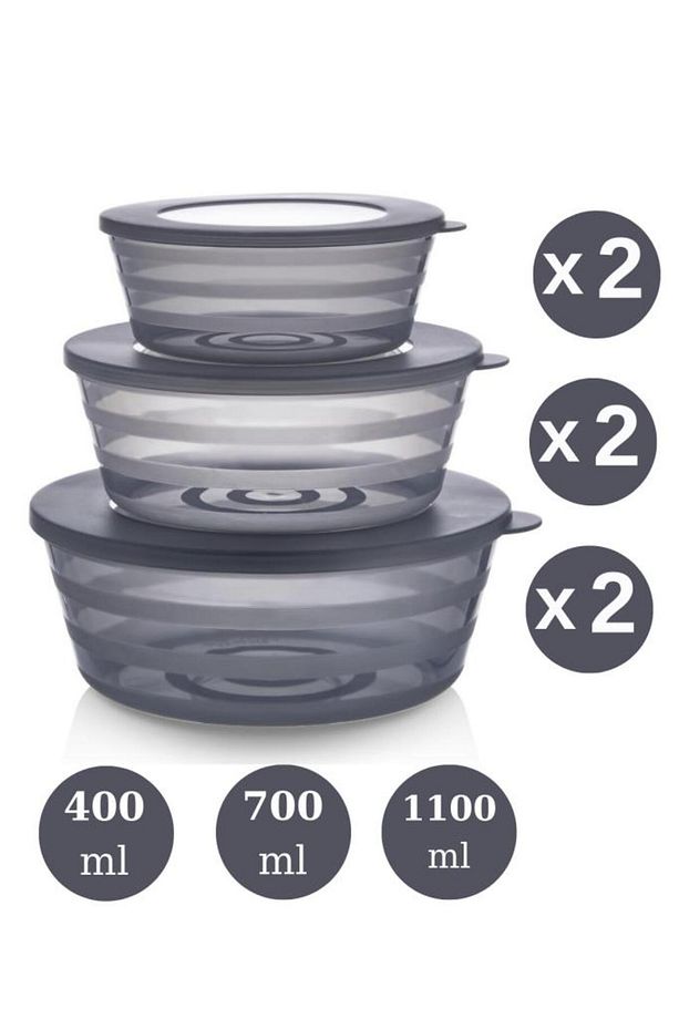6 Adet Kapaklı Füme Saklama Kabı, Kase Çerezlik Kahvaltılık 3 Boy 6’lı Set 2x(400ml,700ml,1100ml) - 2