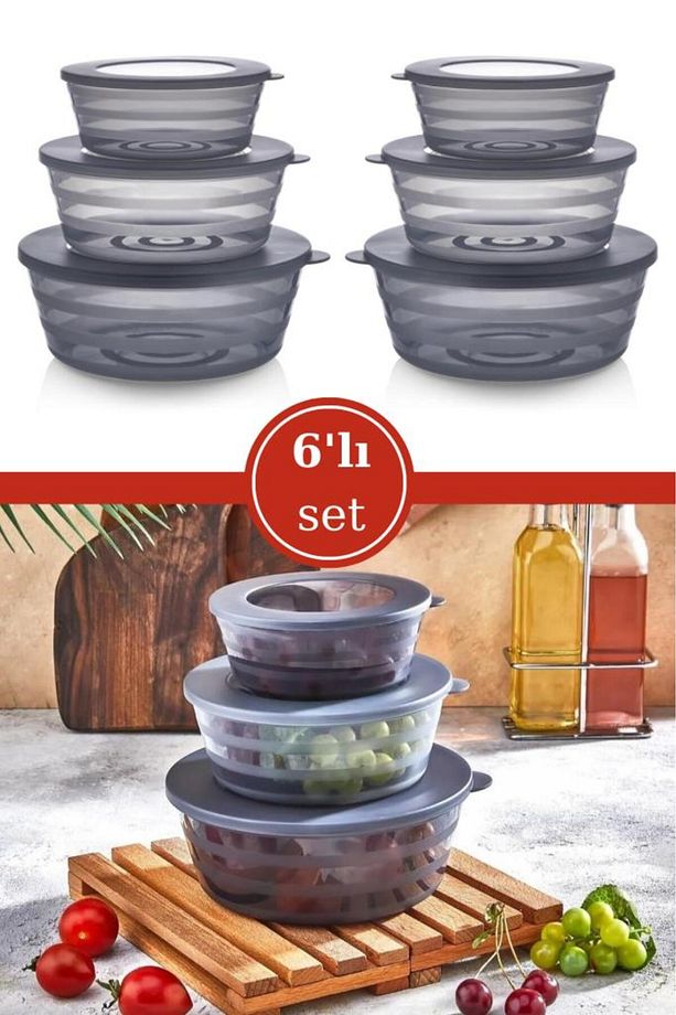 6 Adet Kapaklı Füme Saklama Kabı, Kase Çerezlik Kahvaltılık 3 Boy 6’lı Set 2x(400ml,700ml,1100ml) - 1