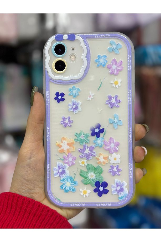 Iphone 11 Uyumlu Lila Çiçekler Desenli Kamera Korumalı Kılıf - 1