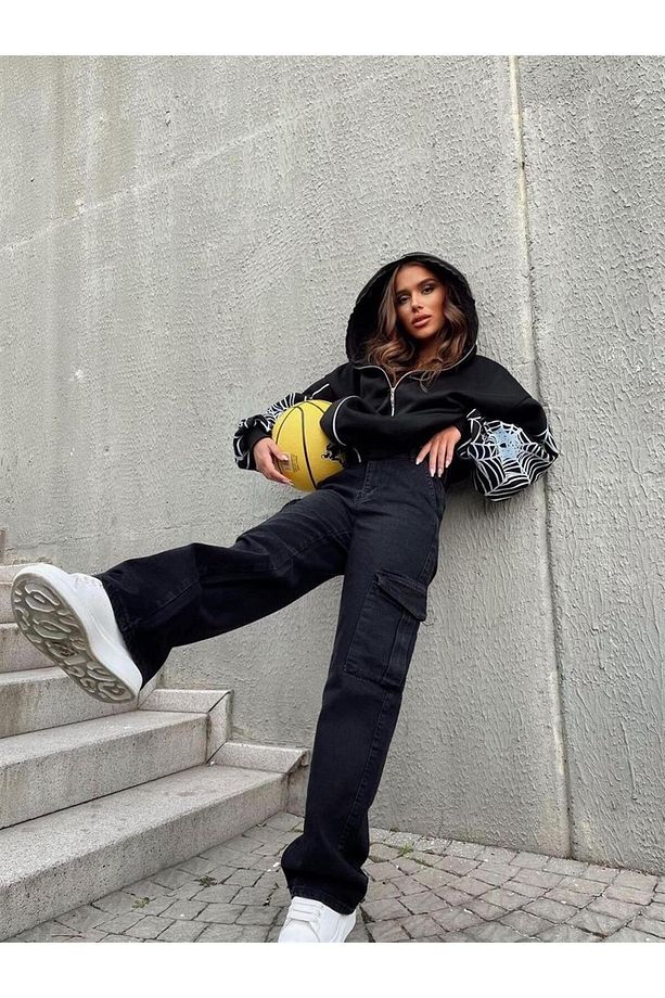 Spider Web Full Zip Siyah Oversize Hoodie - 4