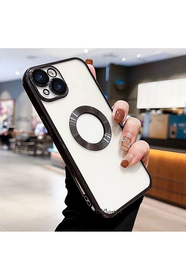iPhone 15 Kılıf Orta Logo Gösteren Arkası Şeffaf Kenarları Renkli Titanium Telefon Kılıfı Delikli - 3