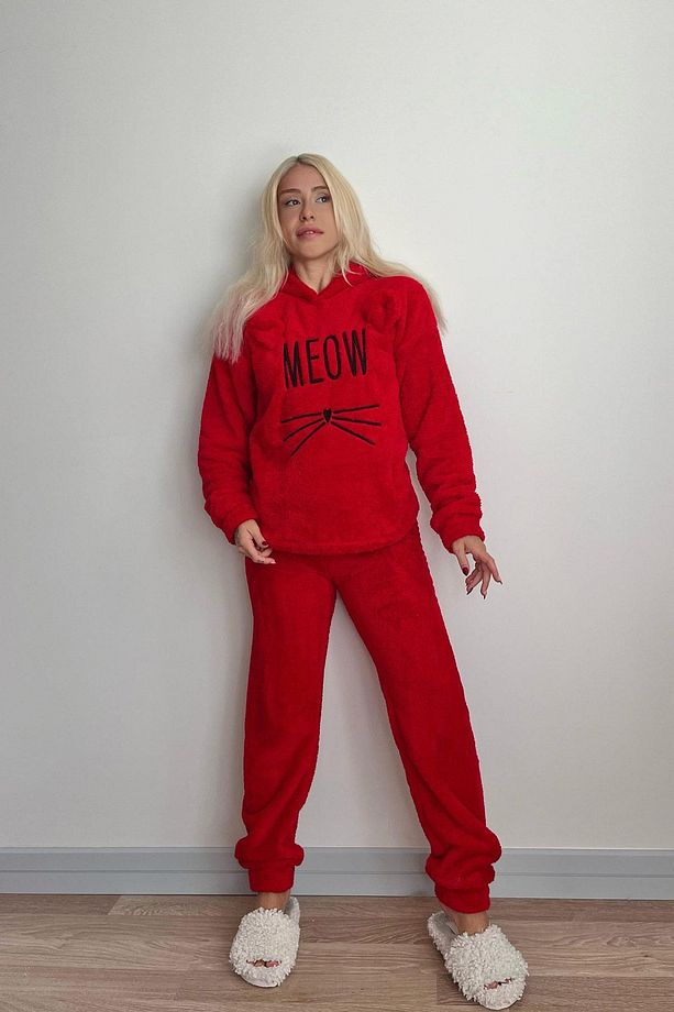 Kırmızı Meow Desenli Tam Peluş Pijama Takımı - 6