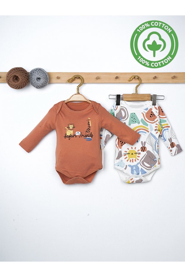 Baby 100% Cotton Safari Animal Printed Long Sleeve Snap-Up 2-Piece Bodysuit 3-18 Months
