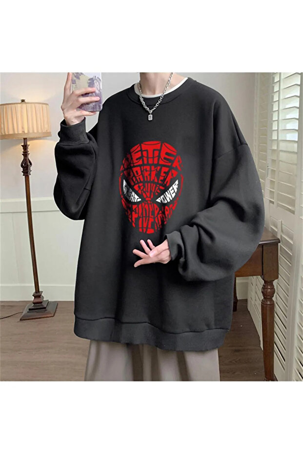 Y2k Tech Spider-Man Head Printed Black Unisex Oversize Crew Neck Sweatshirt Gofeel