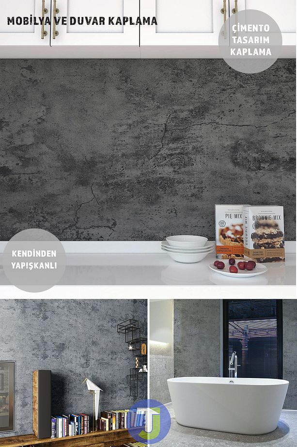 Kendinden yapışkanlı Çimento Görünümlü Mutfak Banyo Duvar Dolap Masa Kaplama 60cmX500cm - 7