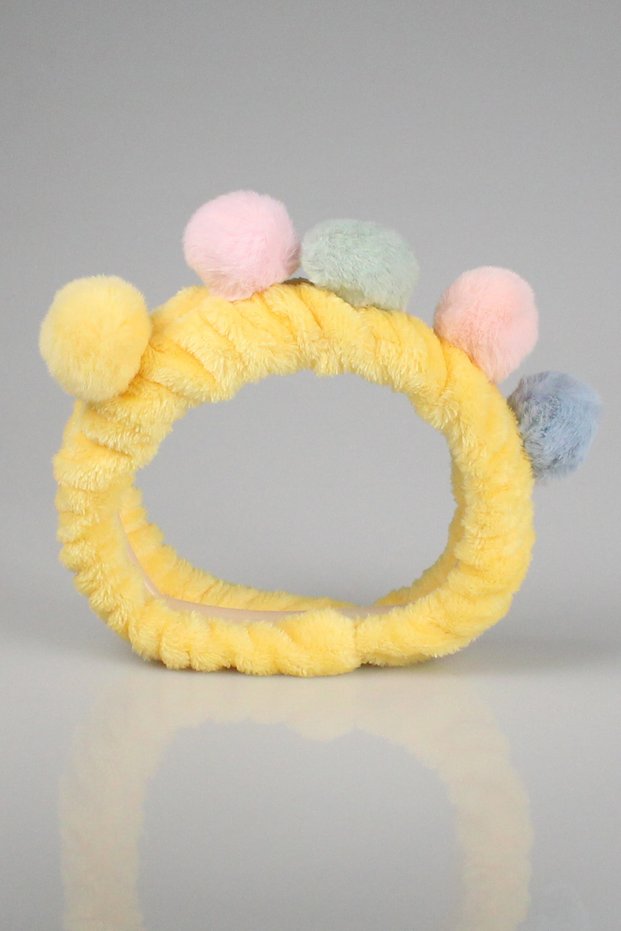 Yellow Colored Plush Bandana Makeup Spa Hair Band with Pompom