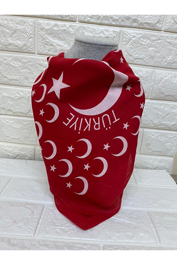 Red Moon Star Turkish Flag Themed Cotton Fabric Scarf - Bandana - 23 April, 29 October, 19 May