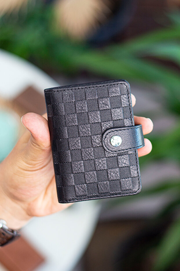 Beijing Genuine Leather Unisex Black Card Holder Wallet with Plenty of Card Holders and External Placket