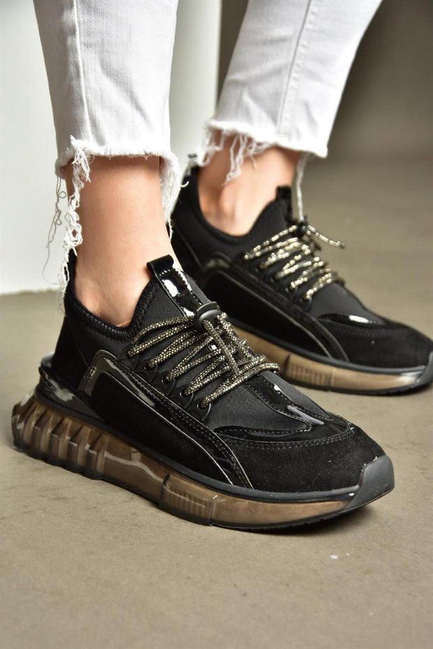R820201002 Black Suede Stone Detailed Sports Shoes Sneakers