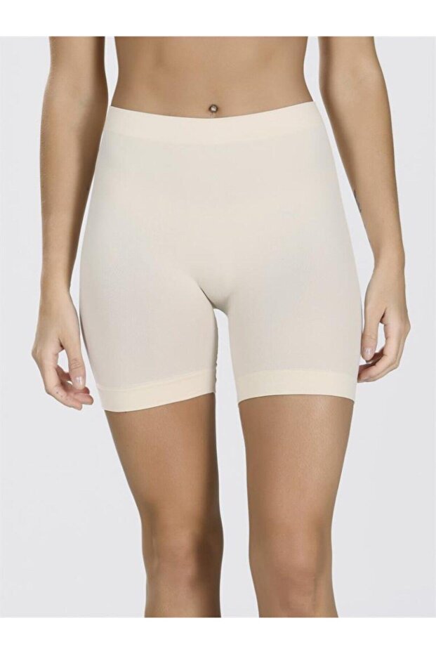 Women's Beige Poky Seamless Gathering Stretchy Panties Shorts