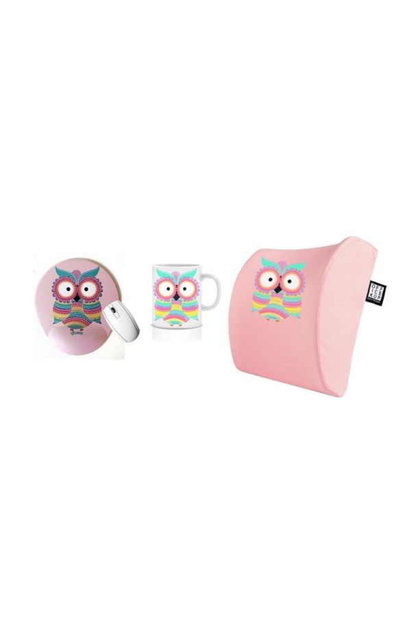 Sevimli Baykuş Visco Bel Destek Yastığı Mouse Pad Kupa 3'lü Set - Pembe - 1