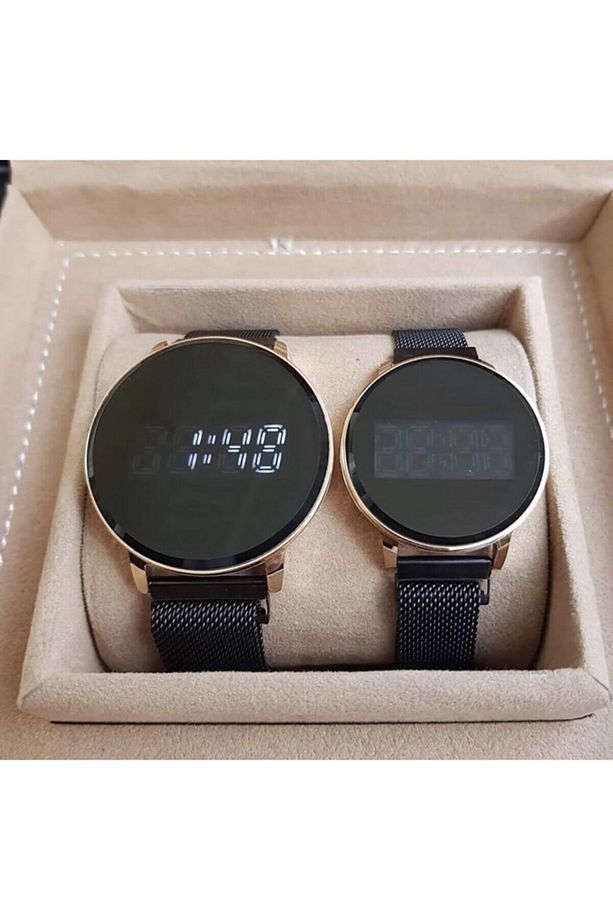 Dijital Dokunmatik Ekran Rose Gold Kasa Mıknatıslı Hasır Kordon Çift Saati - 4