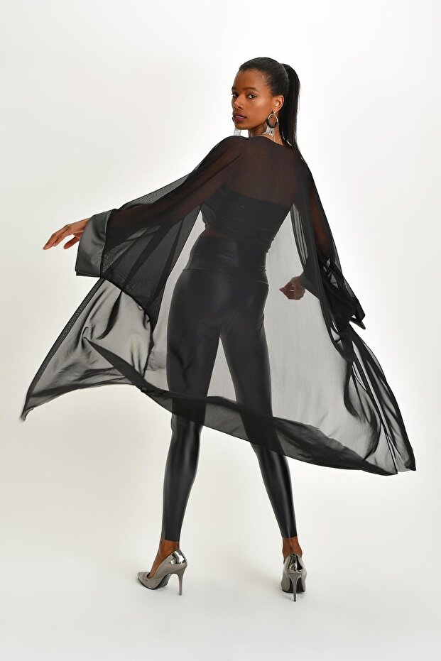 Deri Deyatlı Tül Hırka - 1