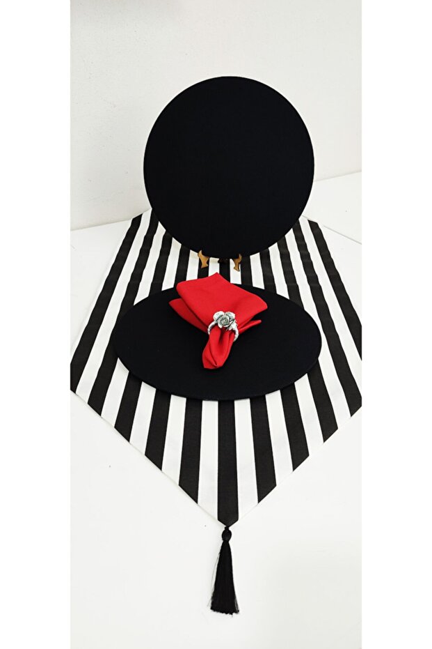 Black Striped Tasseled Runner, 6 Black Napkins, 6 Red Napkins - Set for 6 People