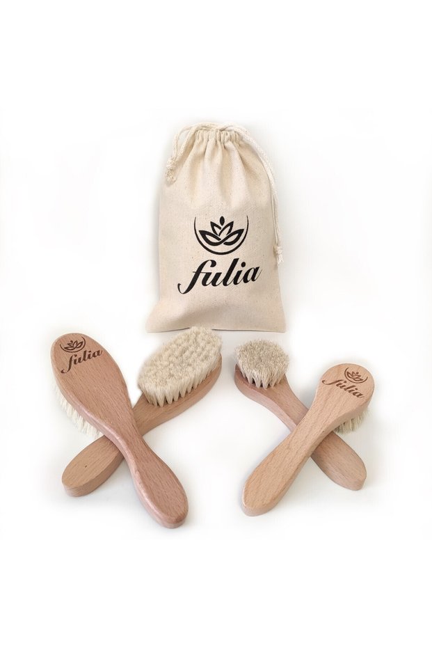 100% Natural Goat Hair Baby Hair Brush and Natural Horse Hair Face Brush Double Mother Baby Set