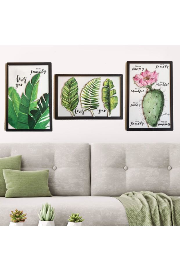 Yaprak-kaktüs 3d Ahşap Tablo 3'lü Set - 1