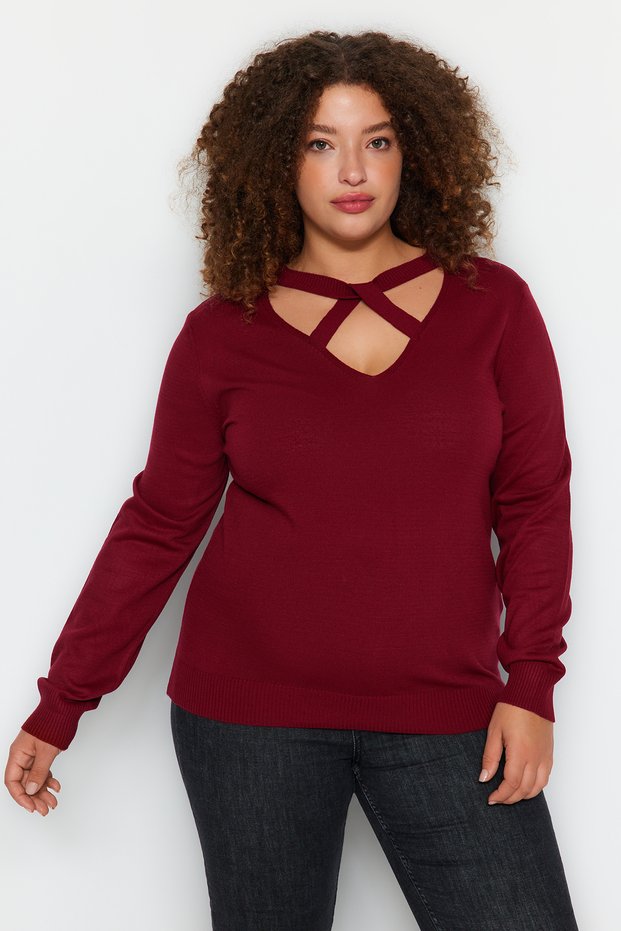 Burgundy Window/Cut Out Detailed Knitwear Sweater TBBAW24AN00061