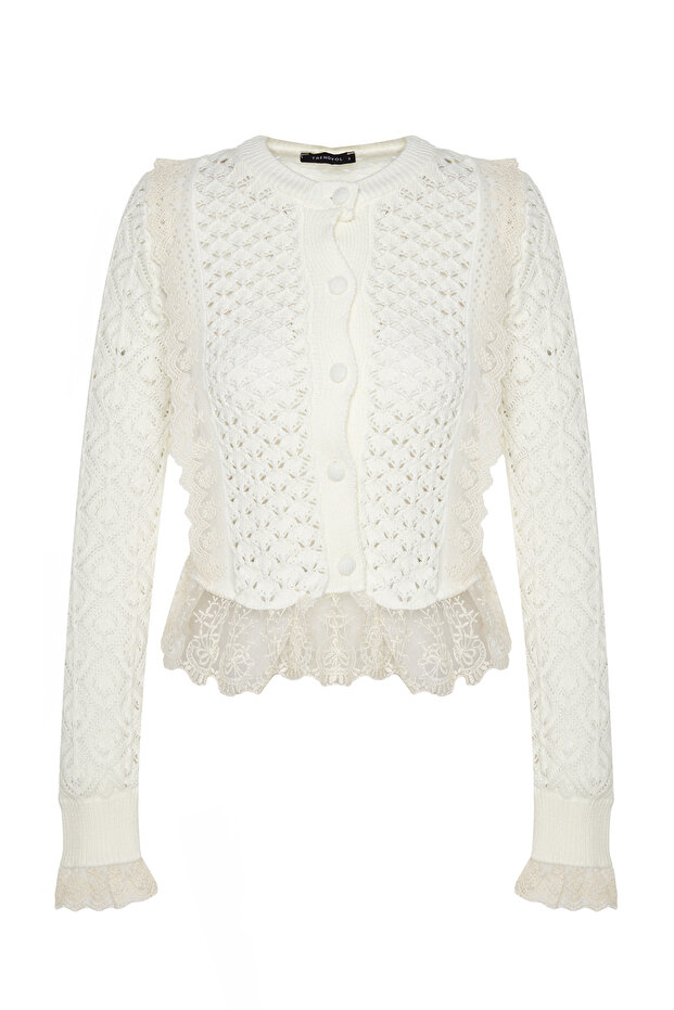 Ekru Crop Dantel Garnili Ajurlu/Delikli Triko Hırka TWOAW24KZ01059 - 7