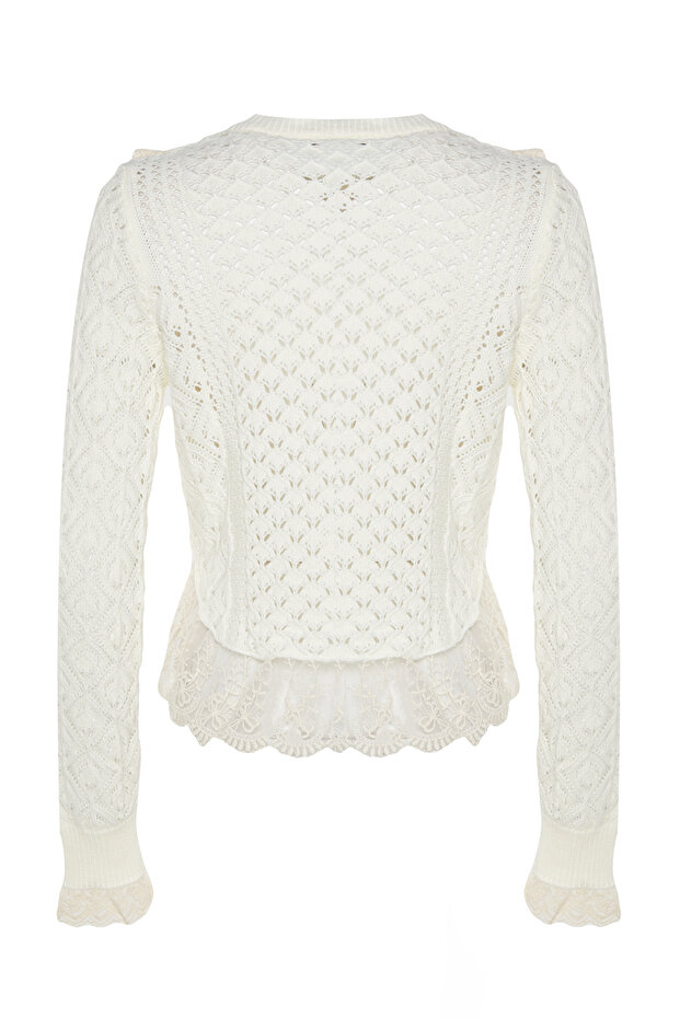 Ekru Crop Dantel Garnili Ajurlu/Delikli Triko Hırka TWOAW24KZ01059 - 8
