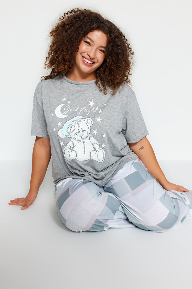 Szary komplet piżam z dzianiny w kratkę TBBAW24AI00020 - 3