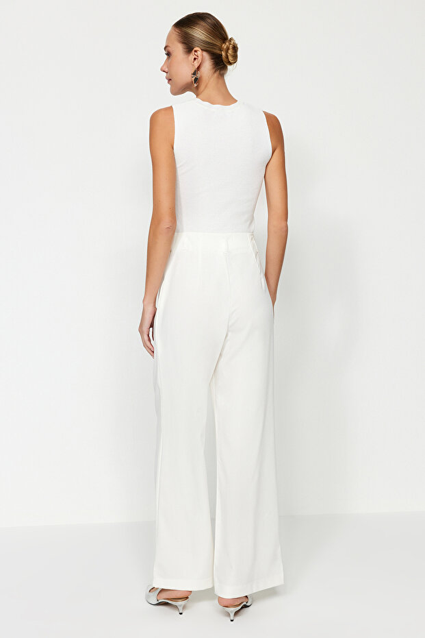 Ekru Yüksek Bel Wide Leg Geniş Paça Dokuma Pantolon TWOAW24PL00332 - 5