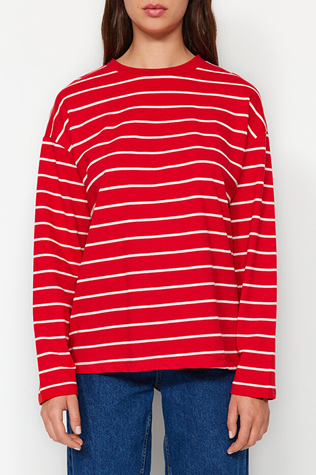 Kırmızı Çizgili Oversize/Geniş Kesim Bisiklet Yaka İnce Örme Sweatshirt TWOAW23SW00326 - 7