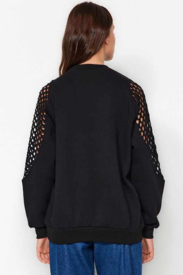 Siyah File Detaylı Kalın İçi Polarlı Regular/Normal Kalıp Örme Sweatshirt TWOAW24SW00134 - 7