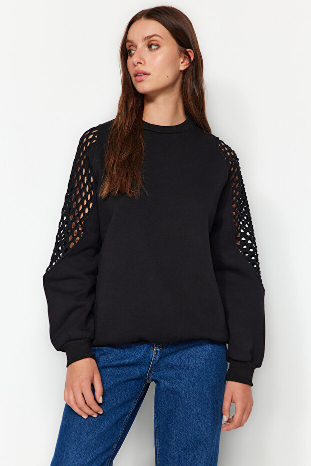 Siyah File Detaylı Kalın İçi Polarlı Regular/Normal Kalıp Örme Sweatshirt TWOAW24SW00134 - 2