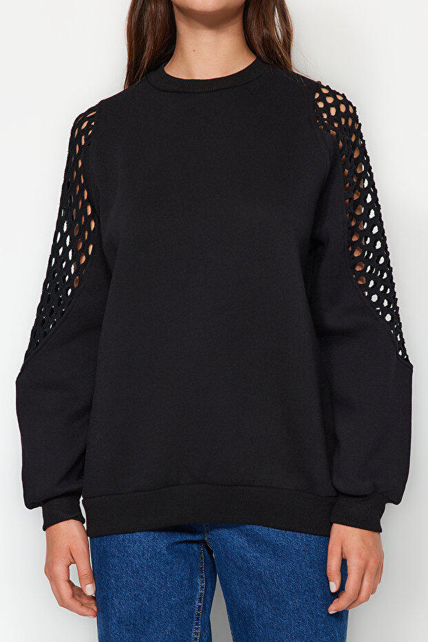 Siyah File Detaylı Kalın İçi Polarlı Regular/Normal Kalıp Örme Sweatshirt TWOAW24SW00134 - 6