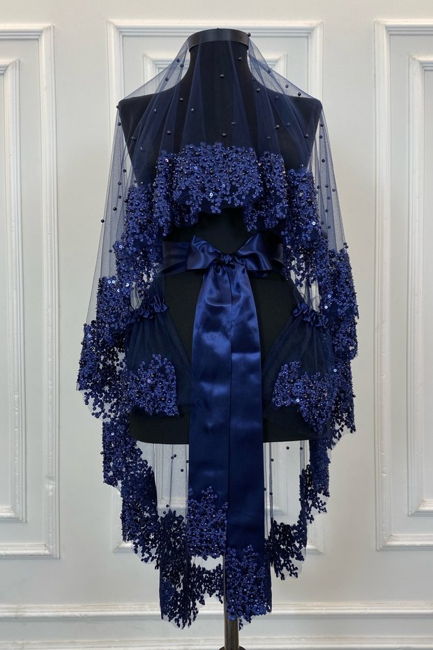 Navy Blue Vip Bridal Veil Set, Daisy Guipure Beaded Sequin Pearls Henna Veil Set 6 Piece