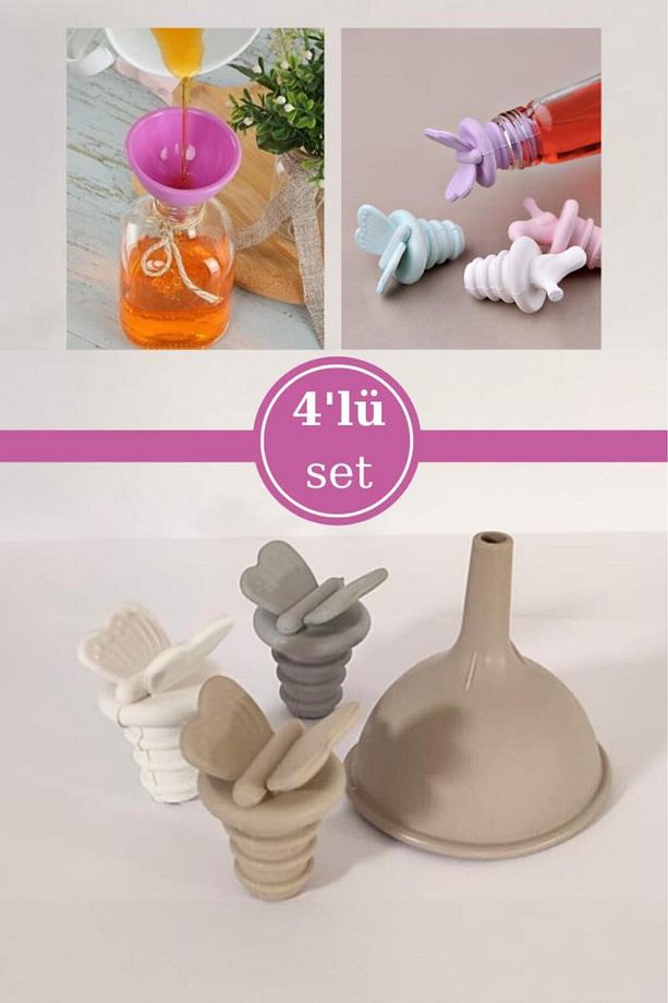 3 Adet Silikon Yağdanlık Şişe Tıpası ve 1 Adet Mini Huni, Pratik Yağdanlık 4’lü Set - 1