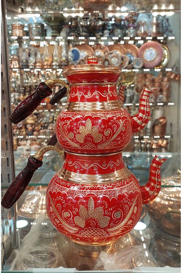 Bakır Çaydanlık-bakır Demlik El Işlemeli Bakır Demlik No:2 Çiçek Desenli Çaydanlik Tombul Çaydanlık - 1