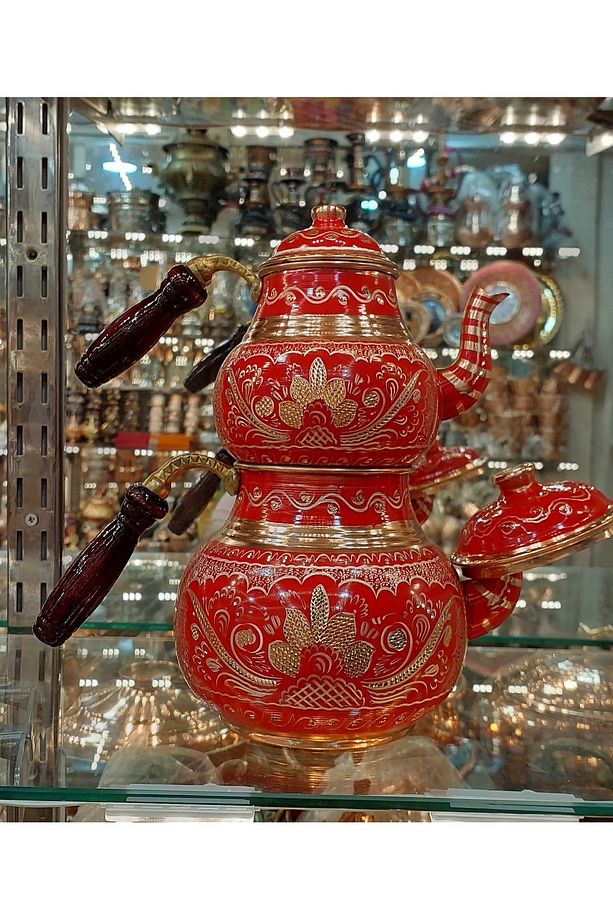 Bakır Çaydanlık-bakır Demlik El Işlemeli Bakır Demlik No:2 Çiçek Desenli Çaydanlik Tombul Çaydanlık - 4