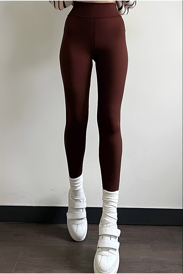 Brown Ribbed Leggings, High Waist Ribbed Striped Sports Daily Women's Leggings