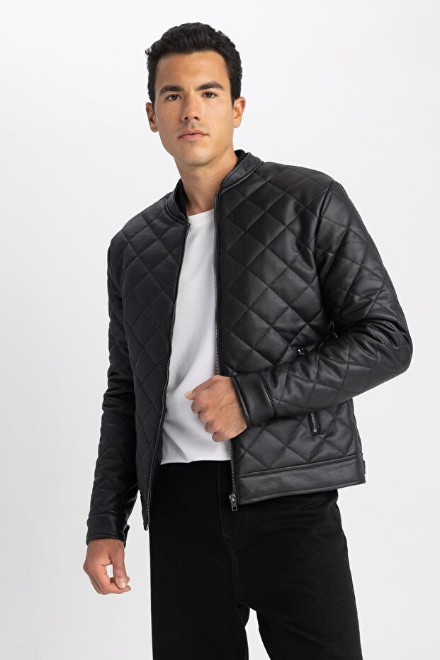 Water Repellent Slim Fit College Collar Bomber Faux Leather Coat