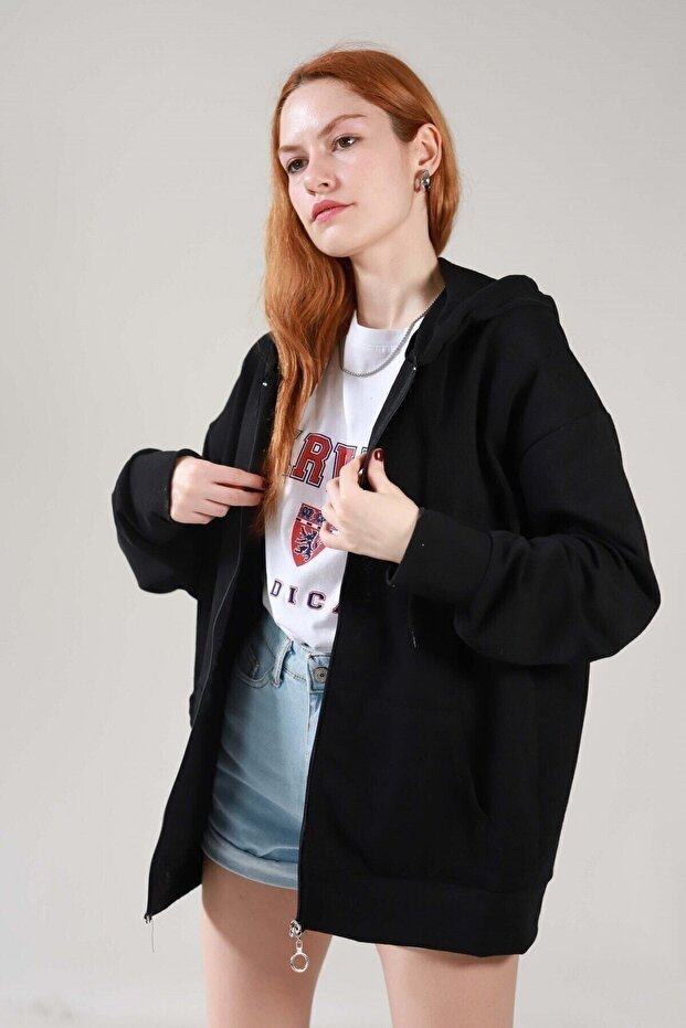 Siyah Iki Iplik Basic Oversize Hırka - 3