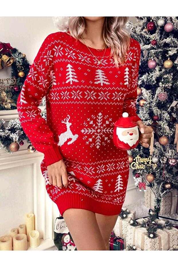 Yılbaşı Desenli Mini Elbise Triko - 3