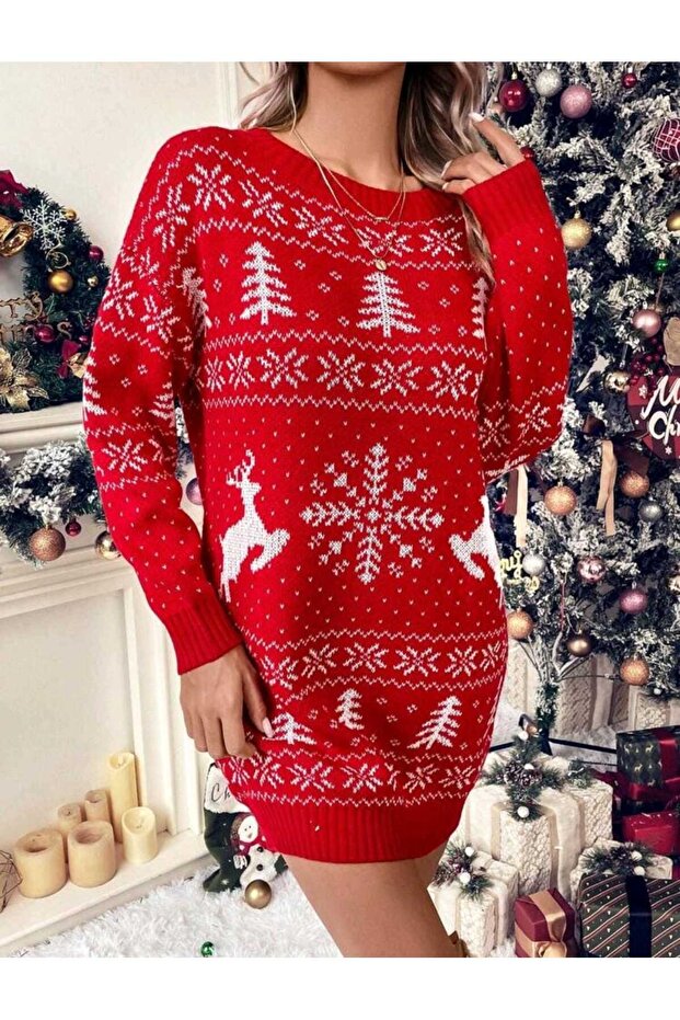 Yılbaşı Desenli Mini Elbise Triko - 4