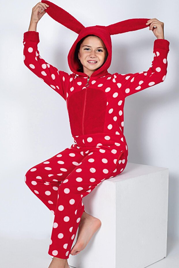 Red Dot Patterned Girl's Fleece Plush Jumpsuit Pajamas