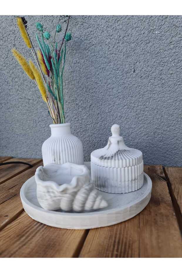 Marble pattern decorative concrete set round tray, seashell candle holder, box with lid, vase - 1