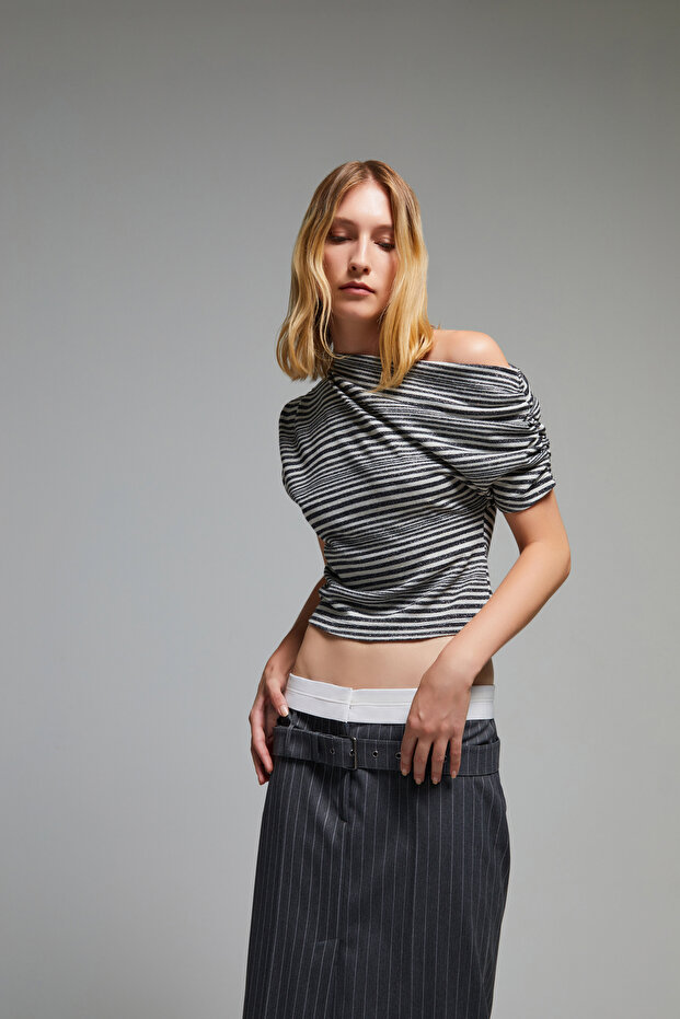 Çizgili Örme Bluz Ekru - 1