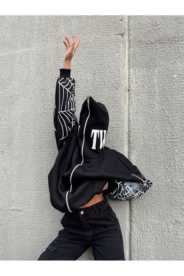 Spider Web Full Zip Siyah Oversize Hoodie - 1