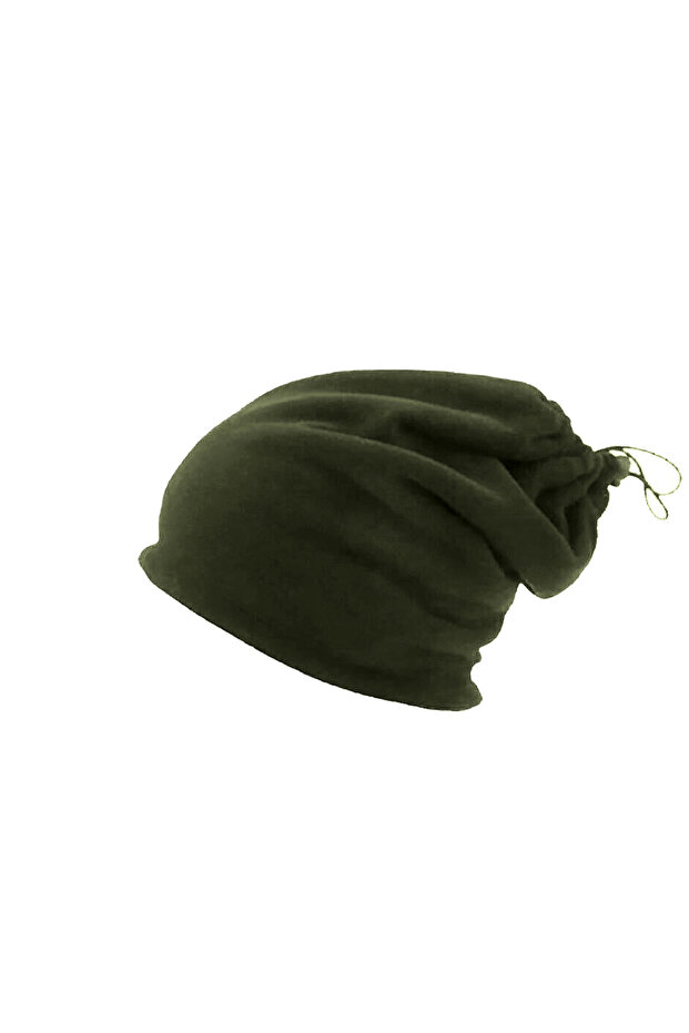 Khaki Unisex Winter Thermal Fleece Drawstring Beanie String Hat Drawstring Neck Collar Outdoor Women Men Beanie